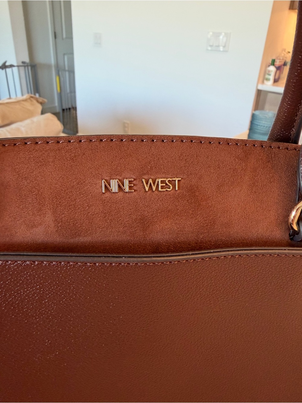 Nine West Deep Brown Structured Satchel with Gold Accents - Picture 2 of 9